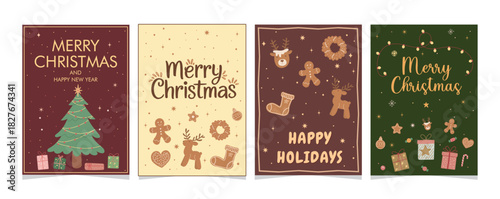 Set of Hand-Drawn Christmas and Happy New Year Greeting Cards