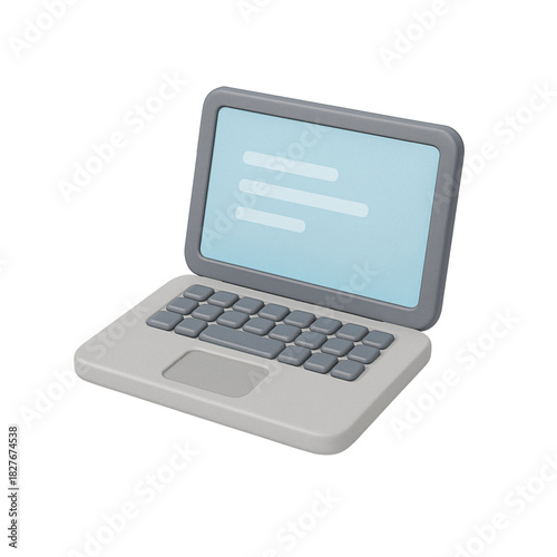 Chubby 3D rendered laptop illustration with light blue screen and text lines, isolated on white. laptop, 3d render, illustration, computer, technology