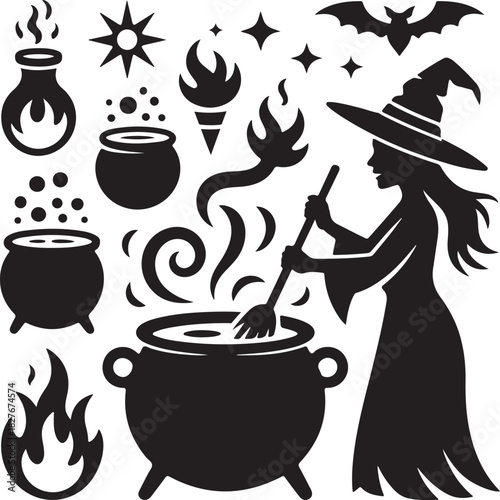 Black Silhouette of Witch Stirring Cauldron with Magical Elements Around