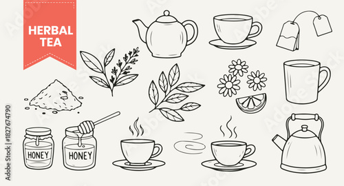Hand Drawn Herbal Tea Vector Set | Outline Illustration Pack of Teapot, Cups, Lemon, Honey Jars, Herbs, and Flowers for Natural Drink and Wellness Designs.