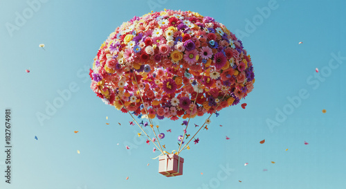 Colorful flower hot air balloon carrying gift box in blue sky  