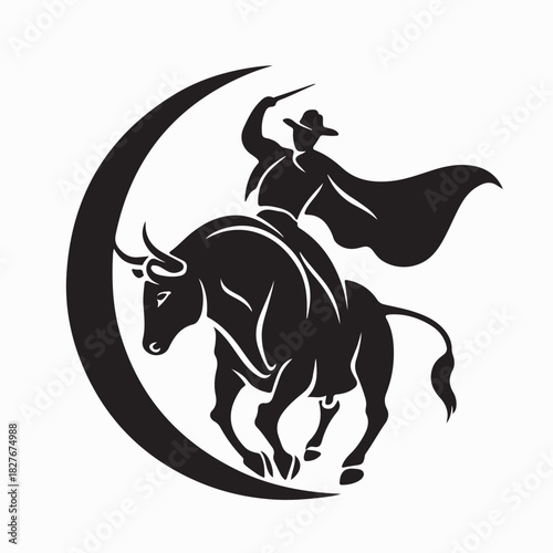Silhouette of Matador on Bull Vector Art on white background