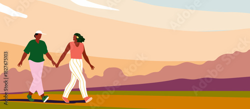 Two Women Walking Outdoors hand in hand in a warm colors landscape with sunset sky and distant hills