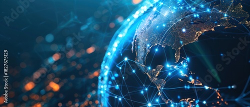 Earth, data transfer and cyber technology, information exchange and international telecommunication digital world globe.