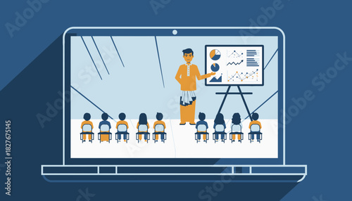 A corporate professional delivering an online business presentation with data analysis charts