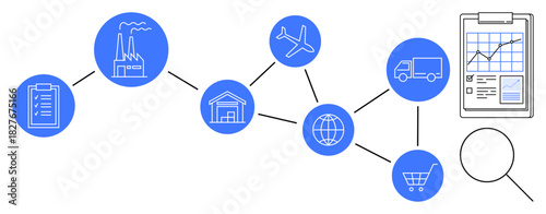Supply chain steps connected through icons thumbs up factory, warehouse, truck, airplane, chart, magnifying glass, and shopping cart. Ideal for business, logistics inventory transportation retail