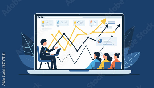 Virtual business presentation on a laptop, demonstrating financial analysis and strategic growth
