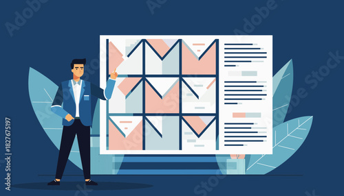 Business Presentation A professional demonstrating complex data analysis on a large screen