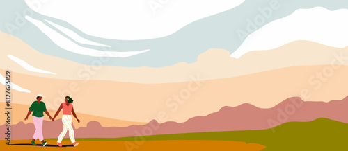 Two Women Walking Outdoors hand in hand in a warm colors landscape with sunset sky and distant hills