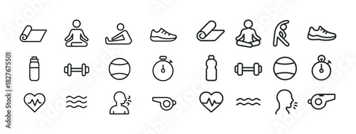 Fitness icons: yoga, exercise, hydration, equipment, health symbols in black outline