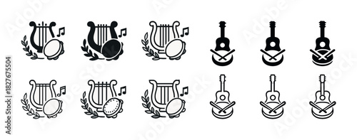 Set of musical instrument icons featuring lyres and guitars