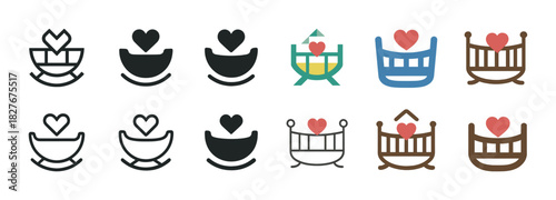 Variety of heart-embellished baby cradle icons in different styles and colors