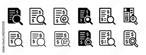 Set of document and magnifying glass icons representing financial review and analysis