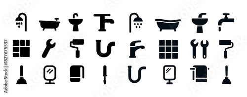 Plumbing and bathroom icon set with tools and fixtures in black silhouette