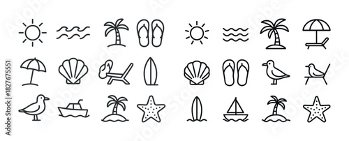 Summer beach icons: sun, waves, flip-flops, palm trees, shells, surfboard, sailboat, seagull, starfish