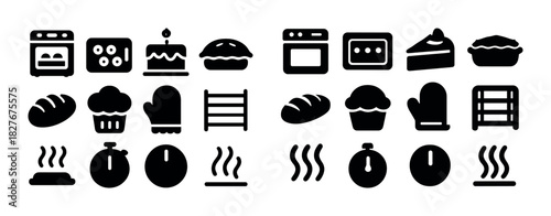 Baking icons set: oven, cake, bread, muffin, timer, mitt