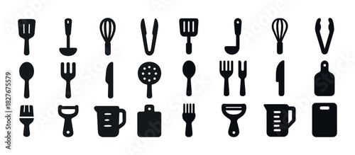 Collection of black kitchen utensil silhouettes on white background