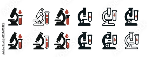 Diverse microscope and test tube icon set with blood drop