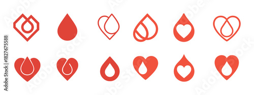 Collection of red blood donation and heart icons in various shapes