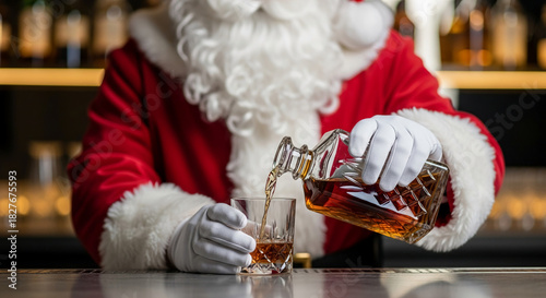 Santa in red suit pouring brown alcohol from glass bottle into glass, showcasing holiday indulgence, festive tradition, and celebratory moment