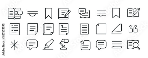Icon set featuring writing, reading, and communication symbols