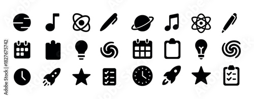 Collection of black icon designs featuring calendar, music, and science symbols