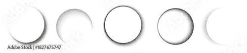 Noise spray spheres set. Shadow gradient with dots. Round shapes with grain effect. Dot dissolve gritty monochrome texture. Gray stipple vector pattern