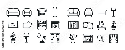 Home furniture and decor icons set: sofa, table, lamp, plant, fireplace, bookshelf