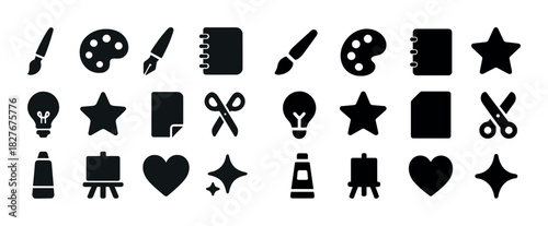 Creative art icons set: paintbrush, palette, notebook, scissors, lightbulb, star, heart, easel, tube, diamond