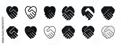 Black and white handshake icons: heart and geometric designs