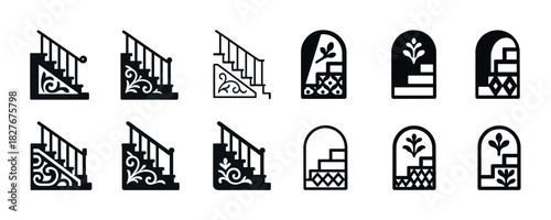 Set of ornamental staircase icons with floral designs