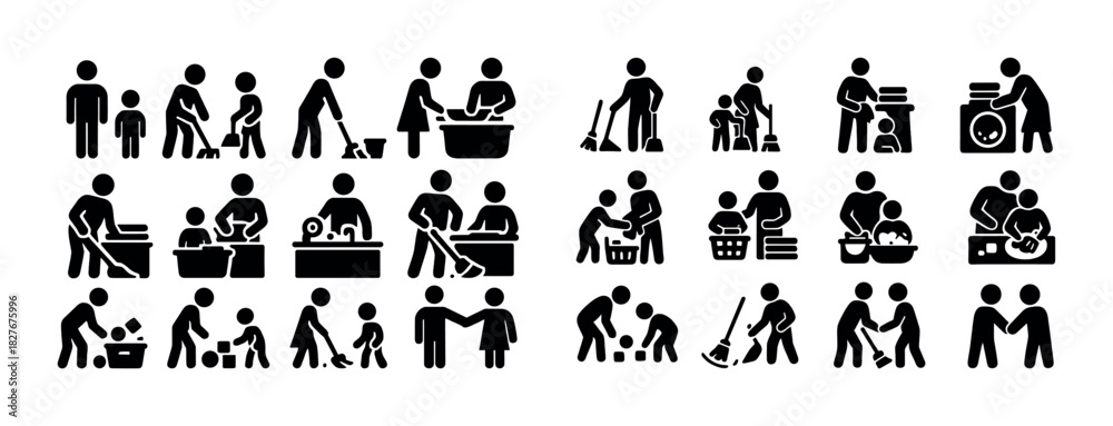 Fototapeta premium Icon set depicting family chores and parenting activities