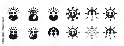 Set of abstract sun and person icons in black and white
