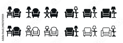 Set of black living room furniture icons with armchairs and lamps