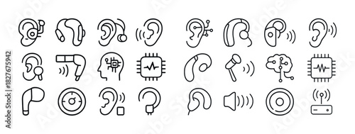 Hearing and audio technology icons set: ear, headphones, sound waves, ai integration