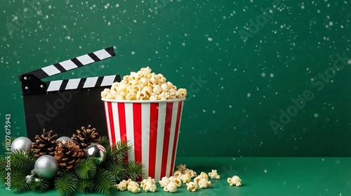 Christmas movie night concept with popcorn bucket and clapperboard on green background