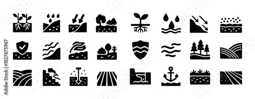 Set of black and white icons representing environmental processes and elements