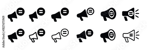 Megaphone icons with sound waves and minus symbol in black and white