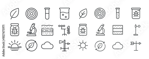 Science and nature icons set: beaker, microscope, leaf, weather, target