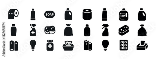 Silhouette icons of household cleaning and hygiene products set