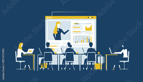 Business team attending a virtual corporate presentation and online training webinar