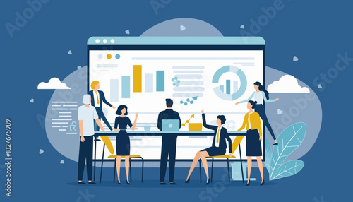 A professional business team collaborating on a data-driven presentation for corporate strategy and growth