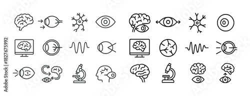 Neuroscience and vision icons: brain, eye, neuron, microscope, computer symbols
