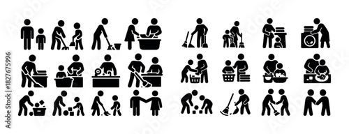 Icon set depicting family chores and parenting activities