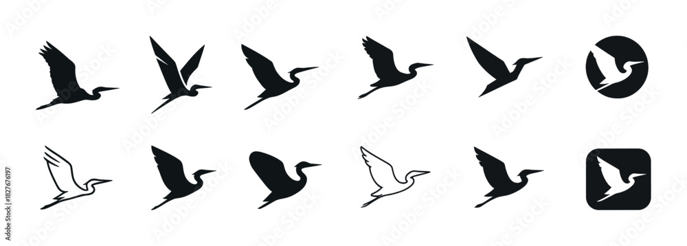 Naklejka premium Set of stylized bird silhouettes in various flight poses