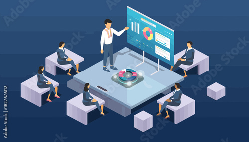 Isometric business presentation concept with a manager explaining data analysis charts to a corporate team