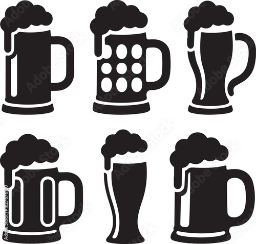 Collection of beer glasses and mugs with overflowing foamy beer
