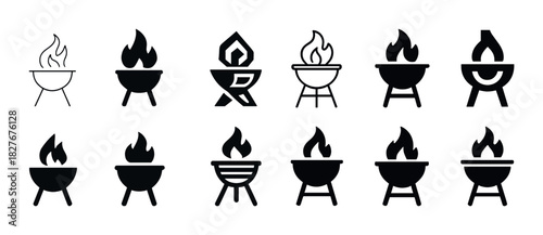 Collection of minimalist black bbq grill icons with flames