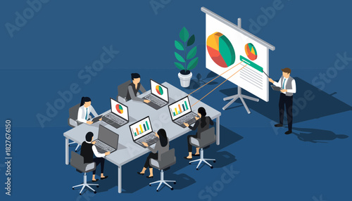 Isometric business presentation with a team meeting and data analysis charts for corporate strategy planning