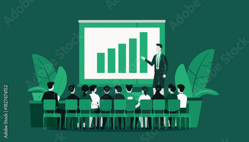 Successful business presentation concept with a speaker showing a growth chart to an attentive audience